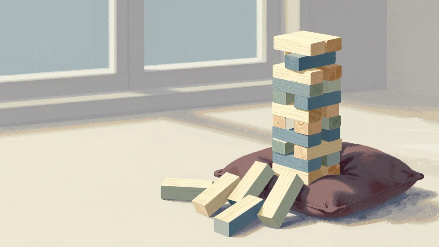 Gouache painting of a toppled tower of wooden blocks caught by a thick red cushion on a toy shop floor