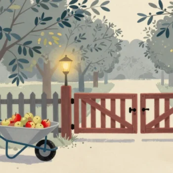 Gouache painting of a wheelbarrow of apples stopped at a closed vermilion side gate in an orchard fence