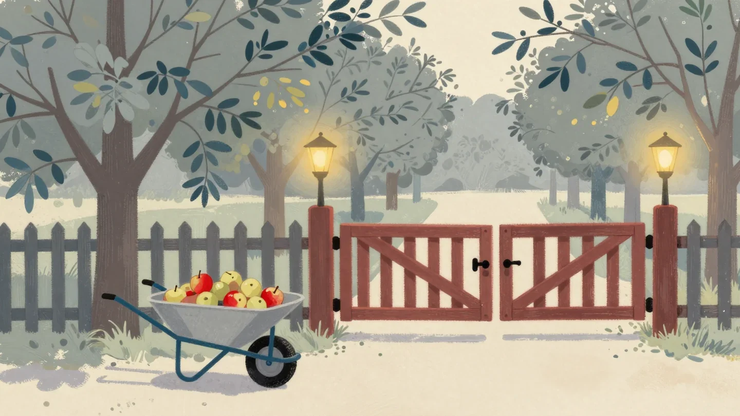 Gouache painting of a wheelbarrow of apples stopped at a closed vermilion side gate in an orchard fence