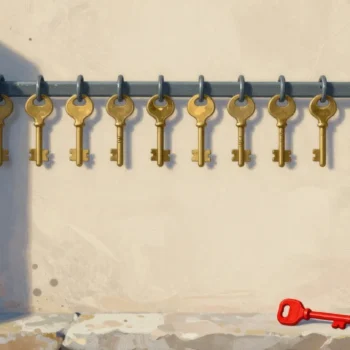 Gouache painting of a row of brass keys on hooks with one empty hook and a vermilion key lying below it