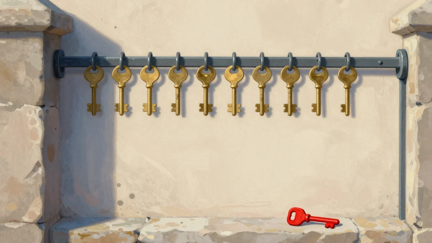 Gouache painting of a row of brass keys on hooks with one empty hook and a vermilion key lying below it