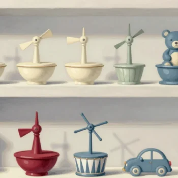Gouache painting of a crowd of spinning wind-up toys on a shelf with one vermilion top