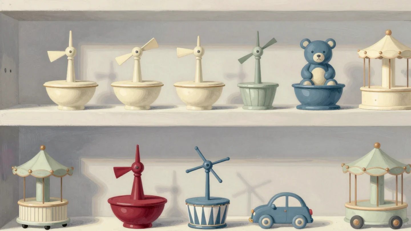 Gouache painting of a crowd of spinning wind-up toys on a shelf with one vermilion top