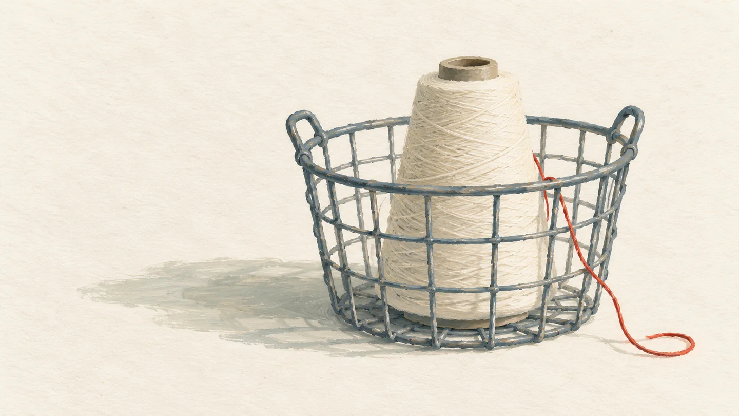 Gouache painting of a wire basket holding a cone of cream thread with a single loose vermilion loop hanging over the rim