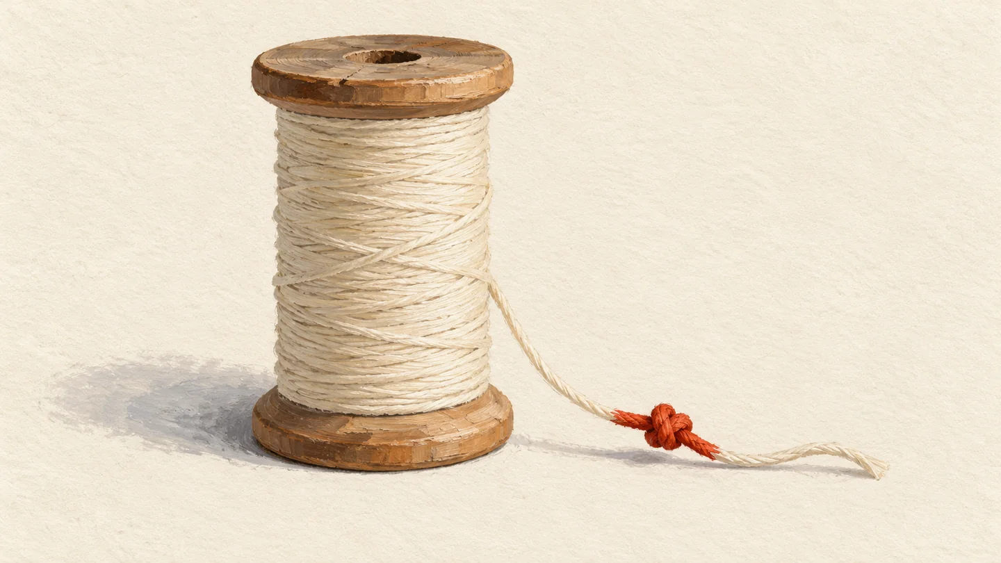 Gouache painting of a tall wooden spool wound with cream thread, one short stretch of the thread tied in a vermilion knot