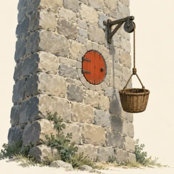 Gouache painting of a tall stone wall with one small round vermilion hatch and a wicker basket on a rope pulley waiting beside it
