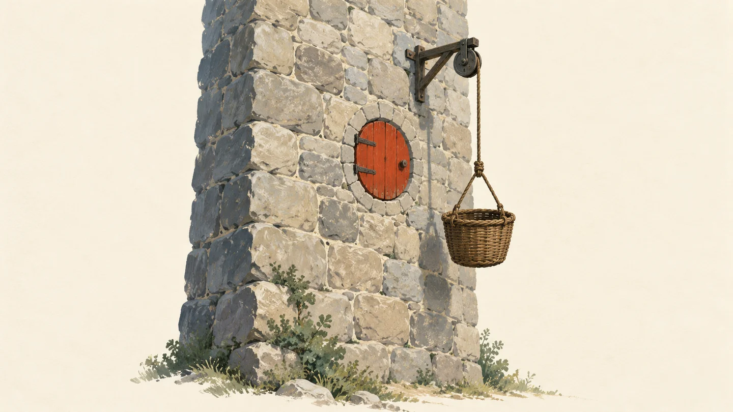 Gouache painting of a tall stone wall with one small round vermilion hatch and a wicker basket on a rope pulley waiting beside it