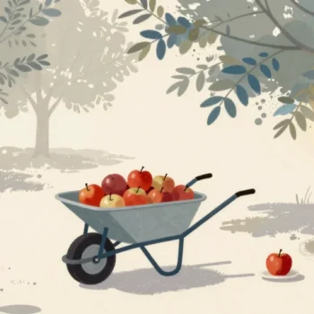 Gouache painting of a wheelbarrow with a full vermilion crate of apples and a single apple on a plate behind