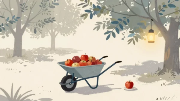 Gouache painting of a wheelbarrow with a full vermilion crate of apples and a single apple on a plate behind