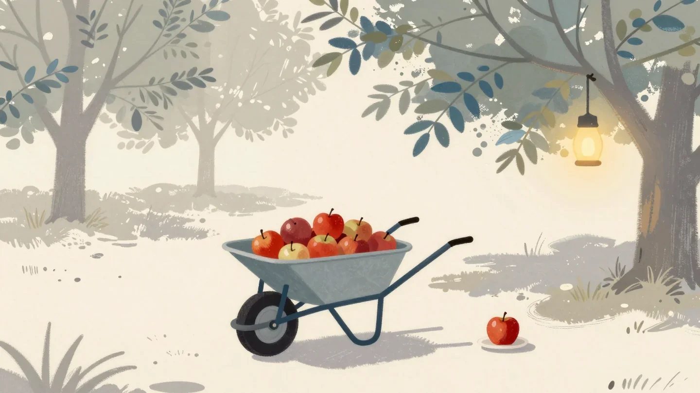 Gouache painting of a wheelbarrow with a full vermilion crate of apples and a single apple on a plate behind