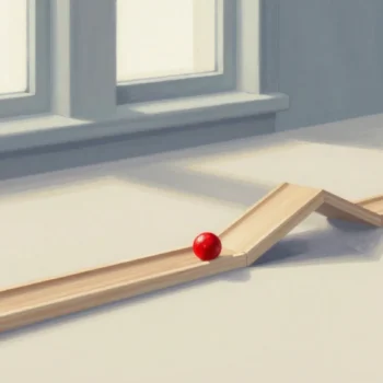 Gouache painting of a wooden marble run with a bend and a single vermilion marble rolling down it