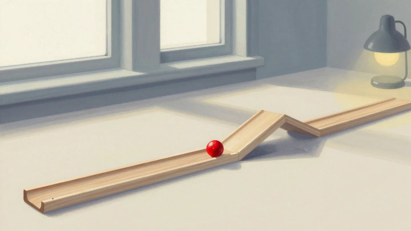 Gouache painting of a wooden marble run with a bend and a single vermilion marble rolling down it