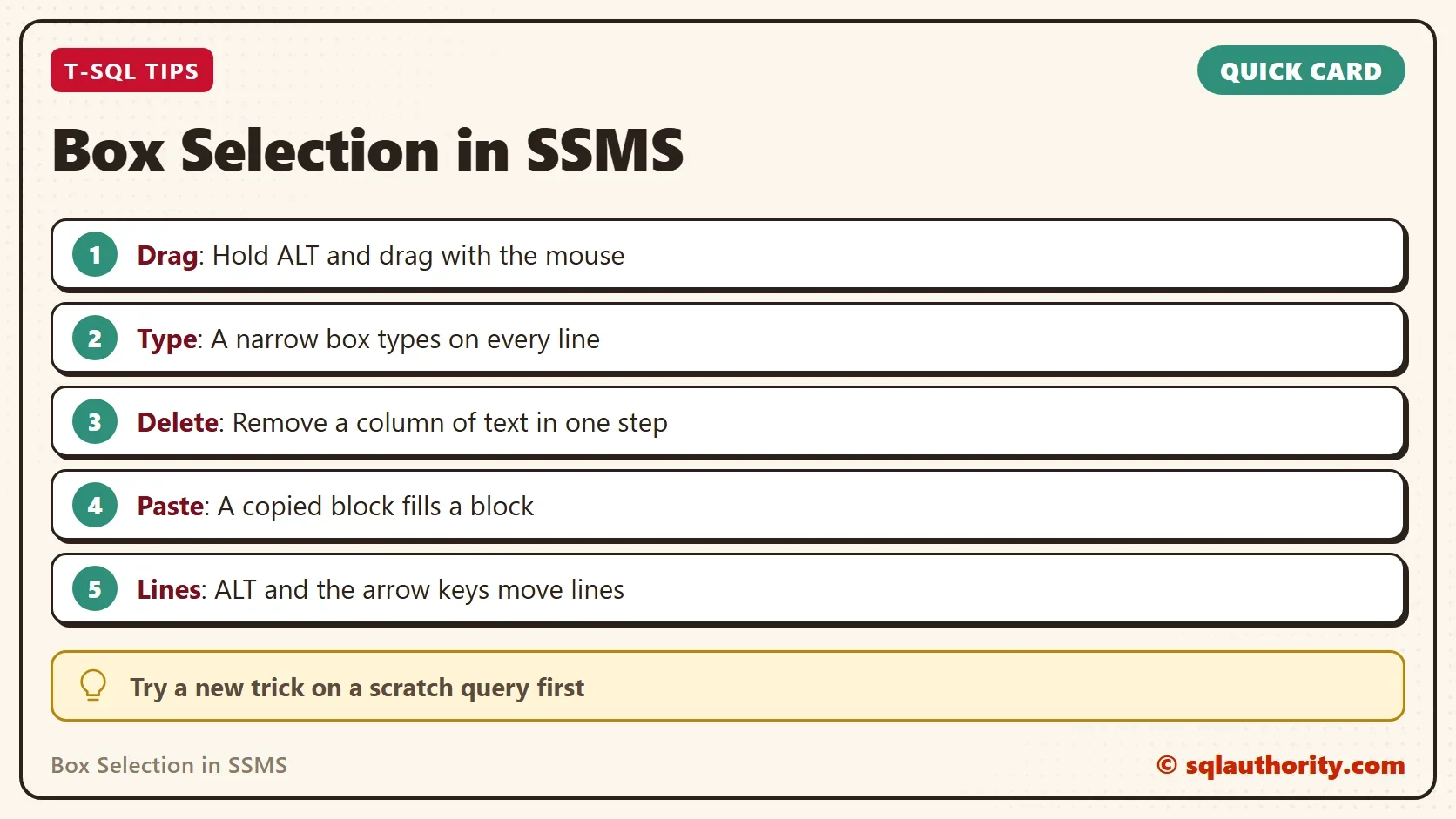 Quick card titled Box Selection in SSMS: Drag: Hold ALT and drag with the mouse. Type: A narrow box types on every line. Delete: Remove a column of text in one step. Paste: A copied block fills a block. Lines: ALT and the arrow keys move lines. Tip: Try a new trick on a scratch query first.