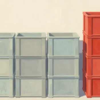 Gouache painting of a grid of stacked market crates with one tall vermilion stack