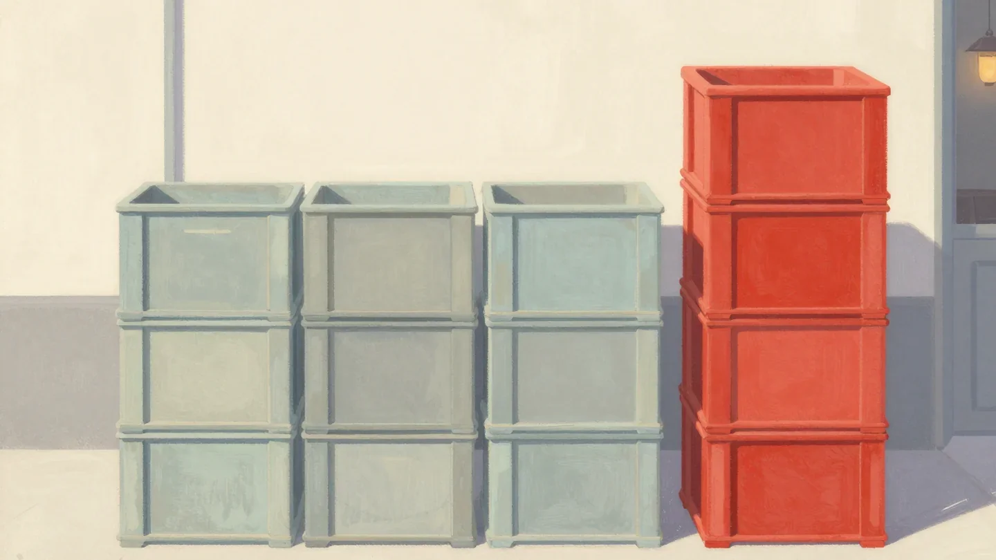 Gouache painting of a grid of stacked market crates with one tall vermilion stack