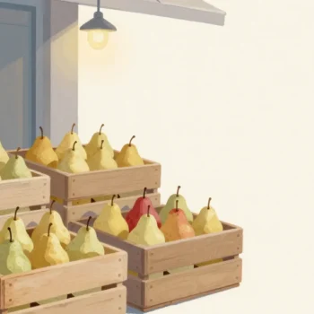 Gouache painting of wooden crates of pears stacked at a fruit stand, with one red pear among them