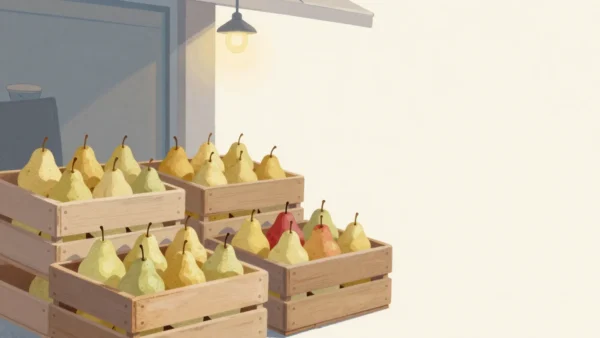 Gouache painting of wooden crates of pears stacked at a fruit stand, with one red pear among them