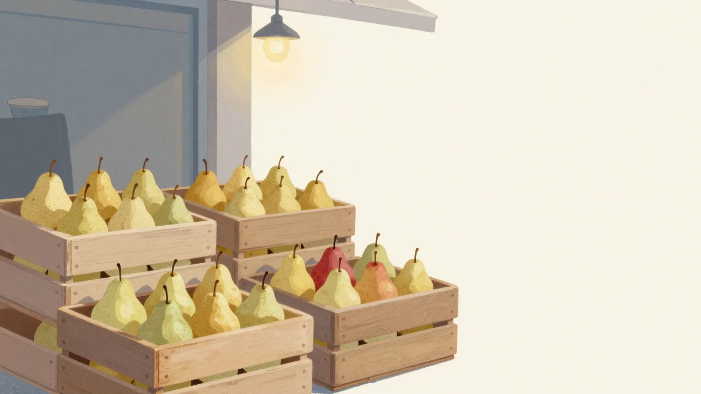 Gouache painting of wooden crates of pears stacked at a fruit stand, with one red pear among them