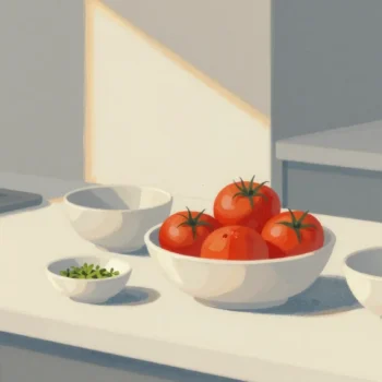 Gouache painting of a kitchen counter crowded with bowls around one large vermilion bowl of tomatoes