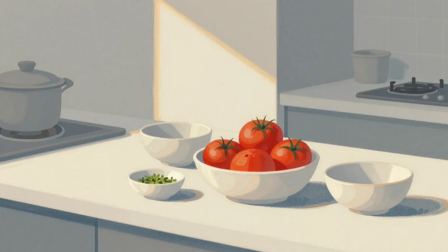 Gouache painting of a kitchen counter crowded with bowls around one large vermilion bowl of tomatoes