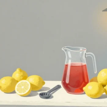 Gouache painting of a lemonade stand with a ready vermilion pitcher beside untouched lemons and a squeezer