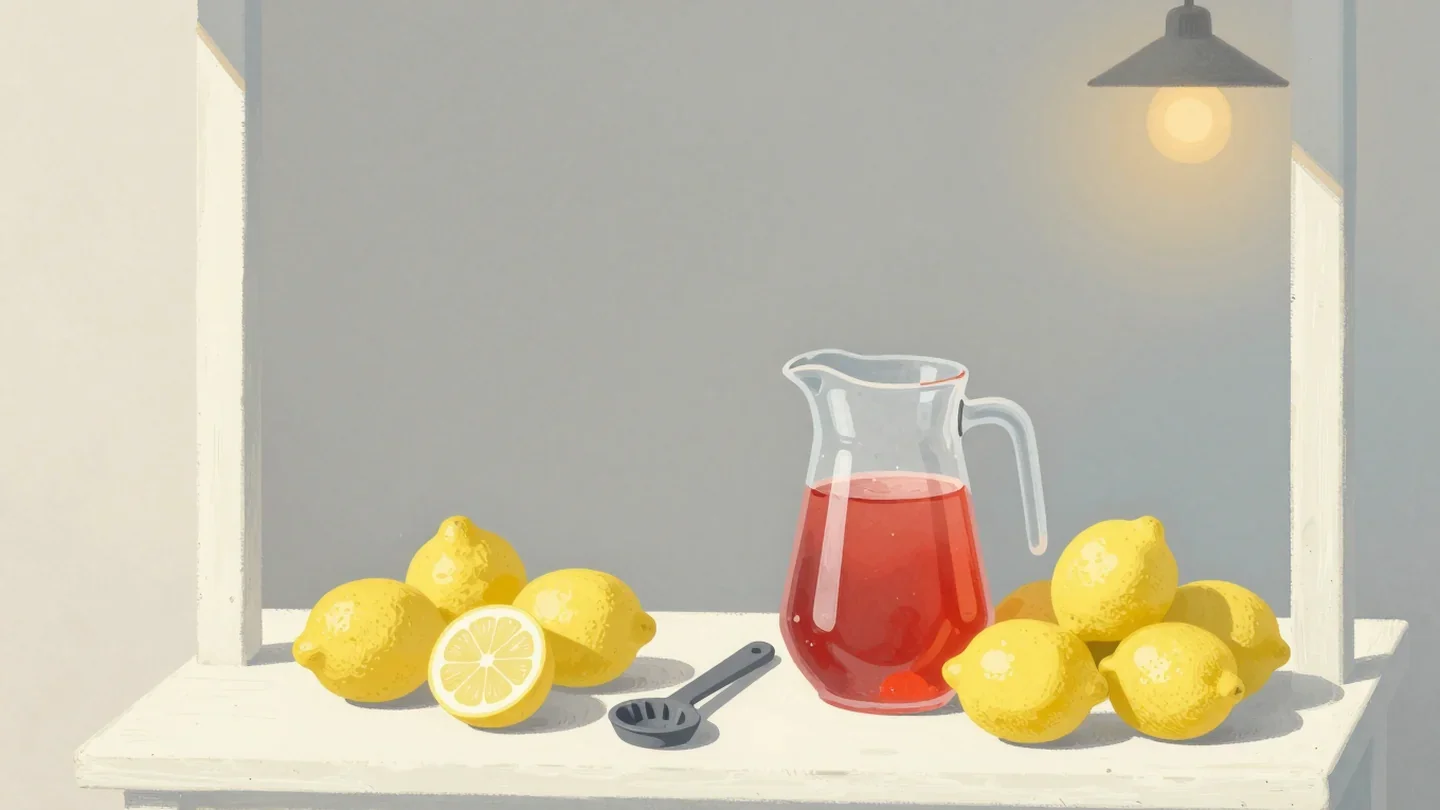 Gouache painting of a lemonade stand with a ready vermilion pitcher beside untouched lemons and a squeezer