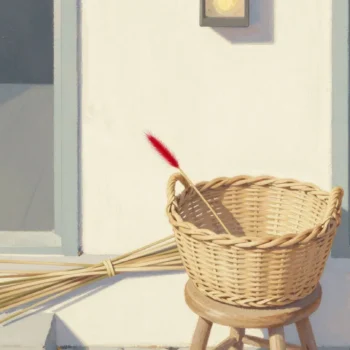 Gouache painting of a half-woven basket with a bundle of reeds and one vermilion reed where the weaving stopped