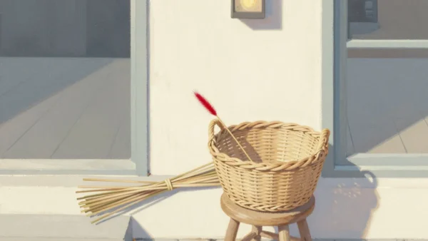 Gouache painting of a half-woven basket with a bundle of reeds and one vermilion reed where the weaving stopped