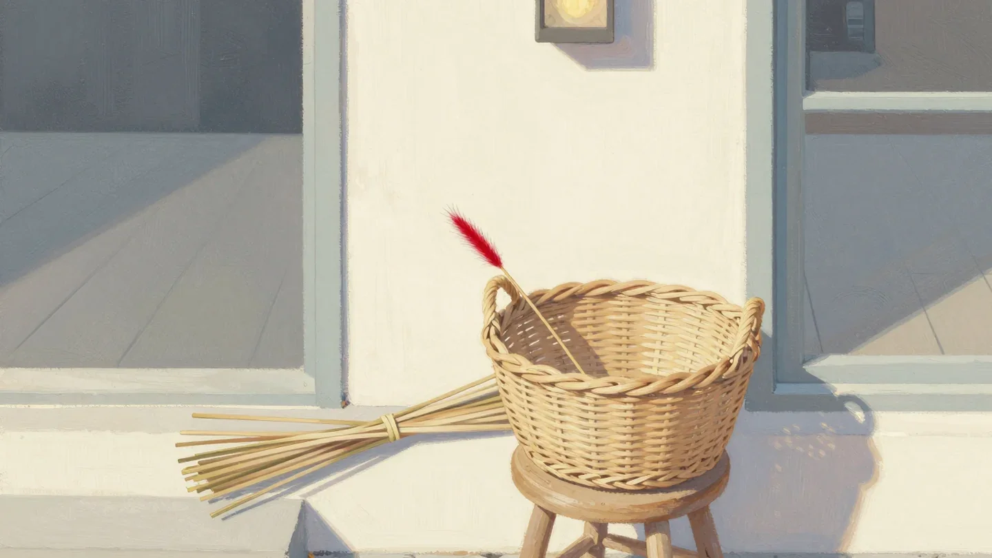 Gouache painting of a half-woven basket with a bundle of reeds and one vermilion reed where the weaving stopped