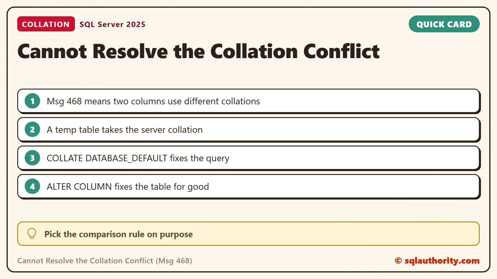Quick reference card: Cannot Resolve the Collation Conflict (Msg 468): SQL in Sixty Seconds #047