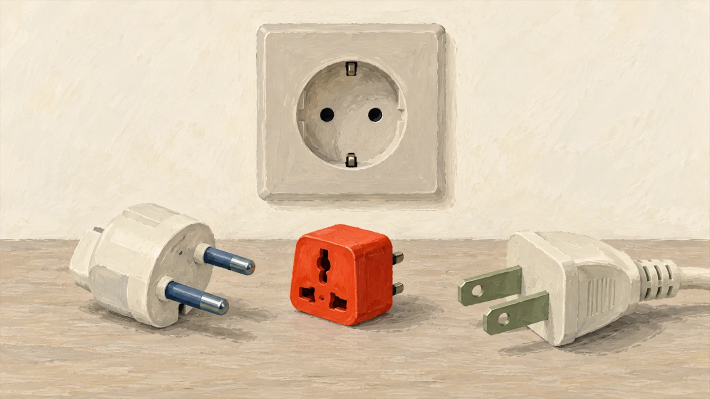 Gouache painting of two different travel power plugs facing one wall socket, with a small vermilion adapter resting between them.
