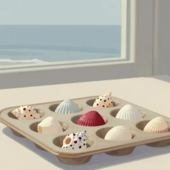 Gouache painting of a muffin tin holding one seashell in each cup with one vermilion shell