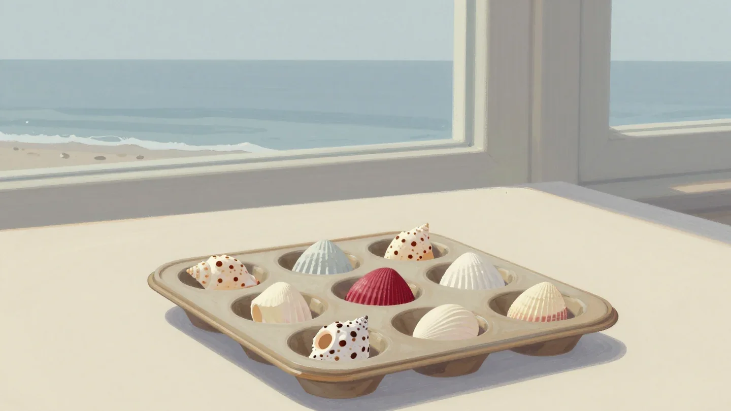 Gouache painting of a muffin tin holding one seashell in each cup with one vermilion shell
