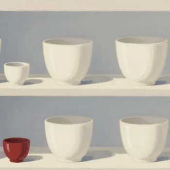 Gouache painting of pairs of large and small cups on a shelf with one small vermilion cup