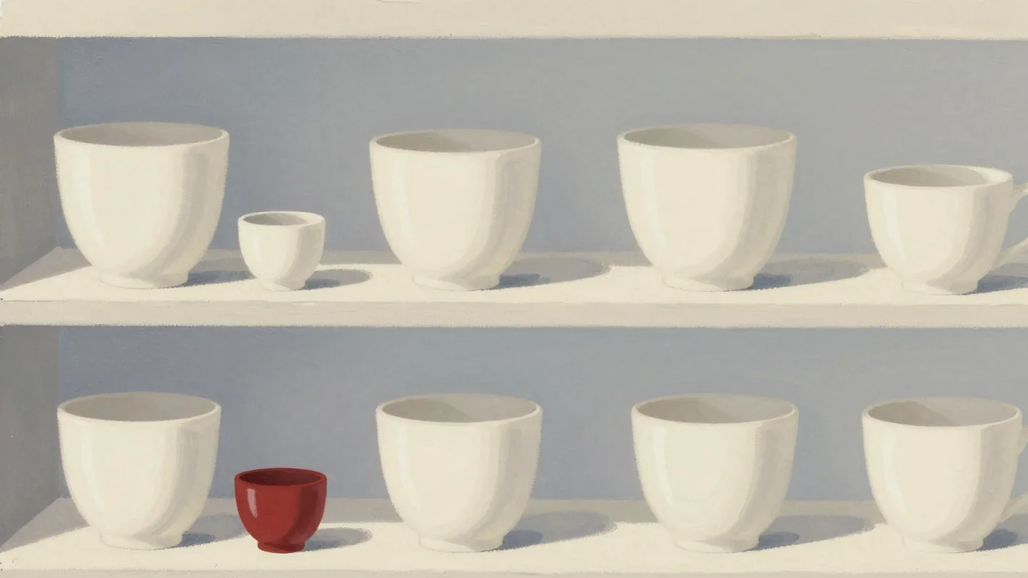 Gouache painting of pairs of large and small cups on a shelf with one small vermilion cup