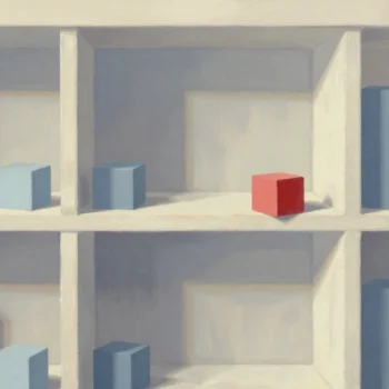 Gouache painting of a wooden pigeonhole cabinet filled with blocks except one slot, with a vermilion block waiting beside it
