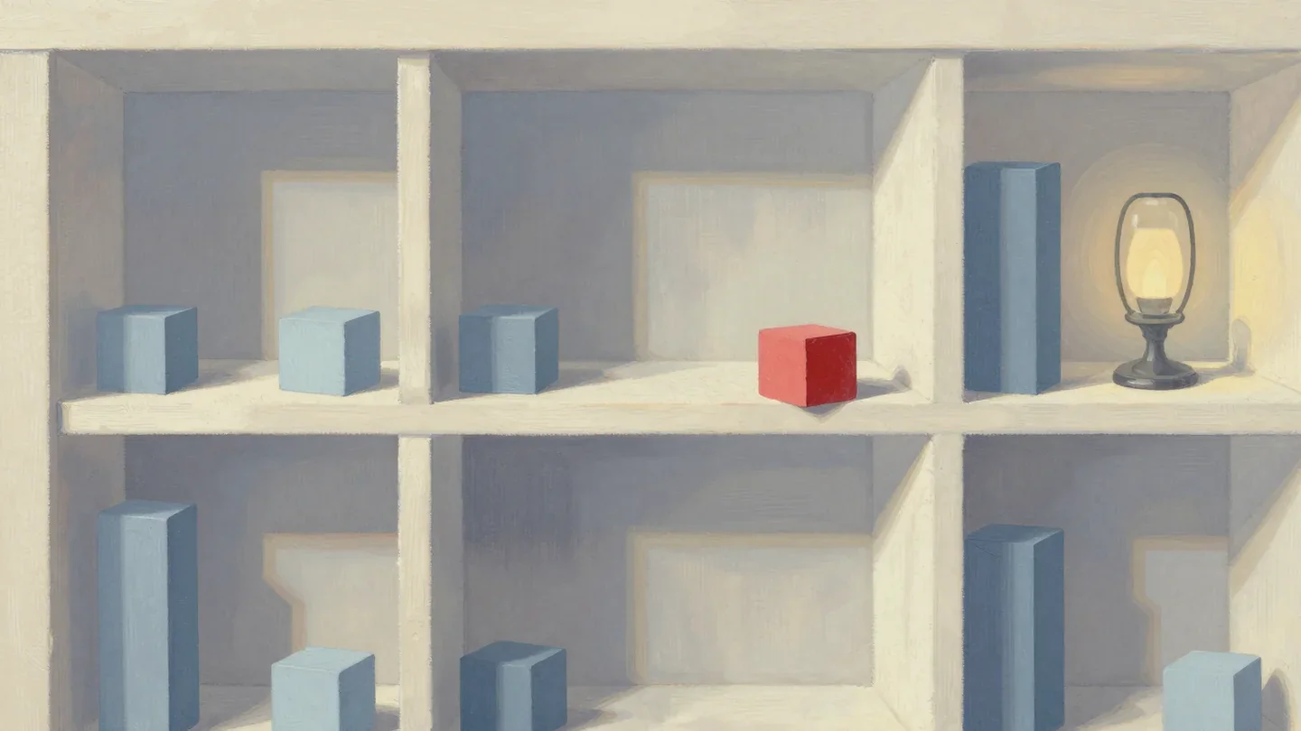 Gouache painting of a wooden pigeonhole cabinet filled with blocks except one slot, with a vermilion block waiting beside it