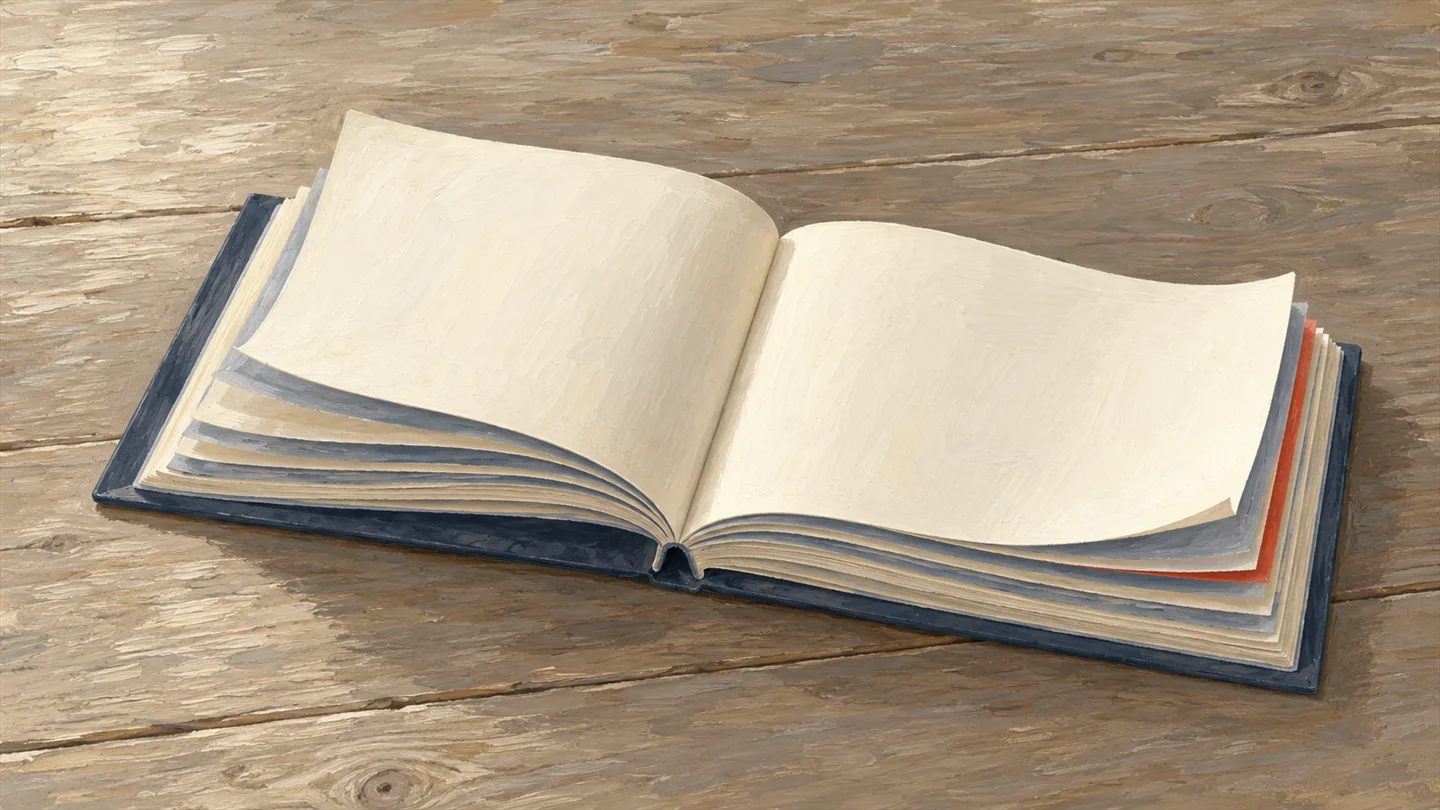 Gouache painting of a book lying open on a wooden desk, thin grey copy sheets beneath its blank pages and one vermilion sheet at the edge
