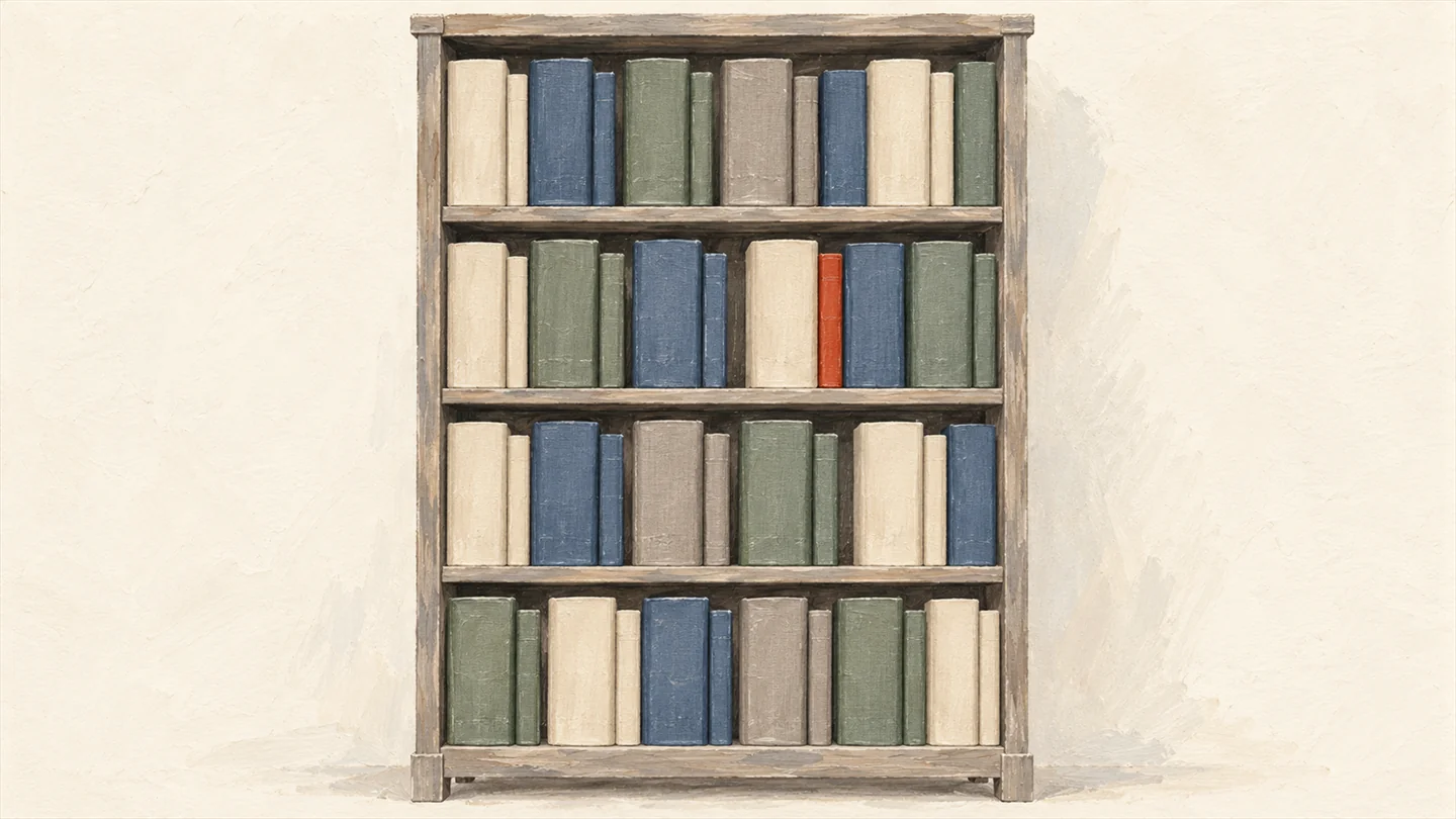 Gouache painting of a wooden bookshelf where each wide book has a slimmer twin beside it, one thin spine in vermilion