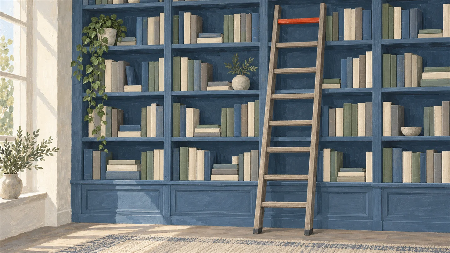 Gouache painting of a tall wooden library ladder leaning against slate blue shelves, eight rungs, the top rung painted vermilion