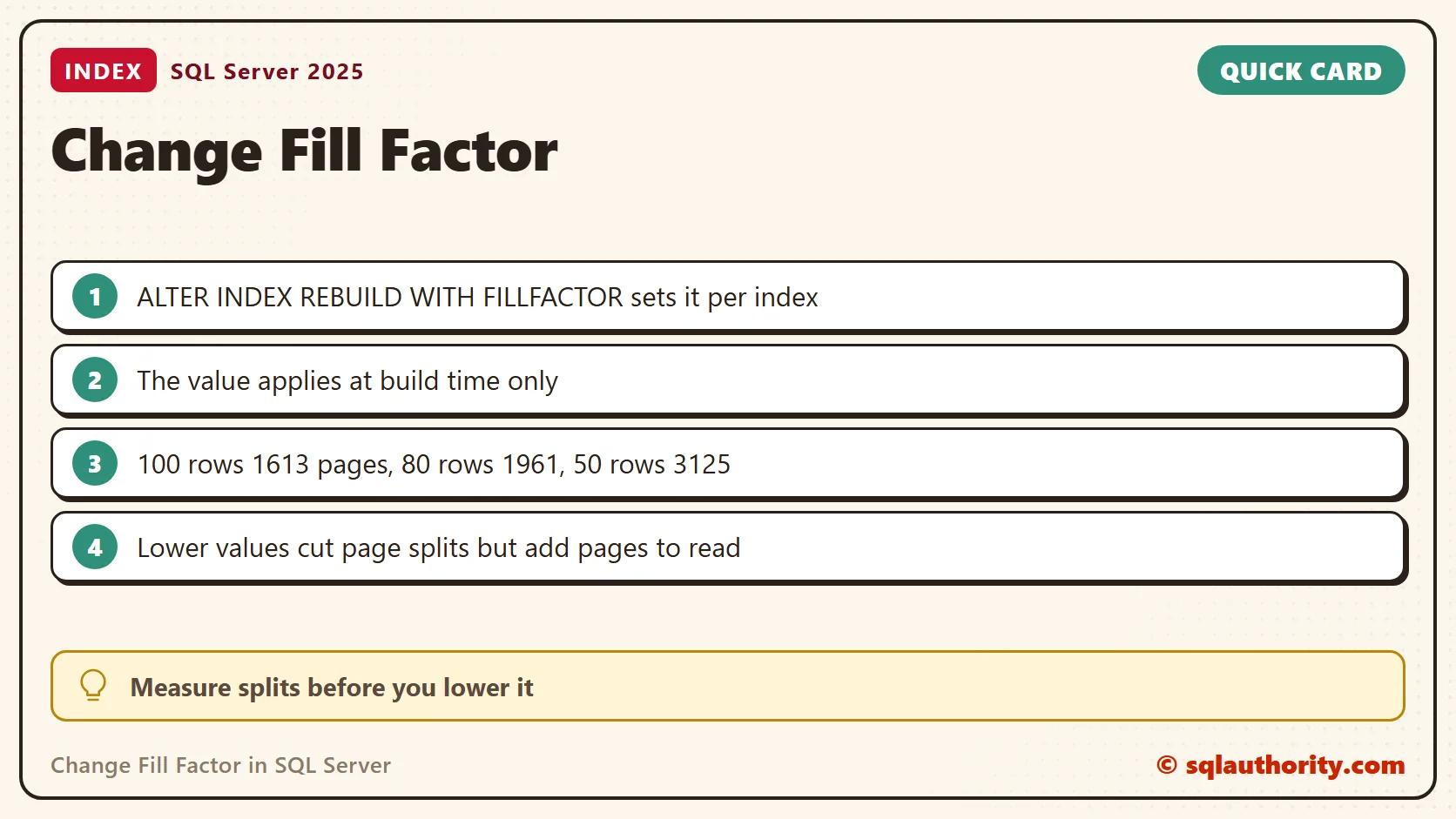 Quick reference card: Change Fill Factor in SQL Server: SQL in Sixty Seconds #069