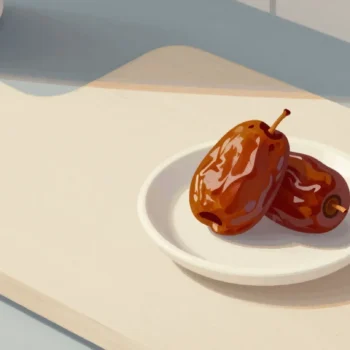 Gouache painting of a trimmed date fruit on a cutting board with the trimmings in a small red dish