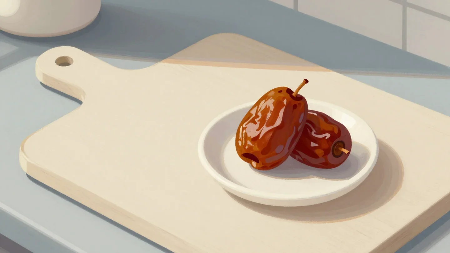 Gouache painting of a trimmed date fruit on a cutting board with the trimmings in a small red dish