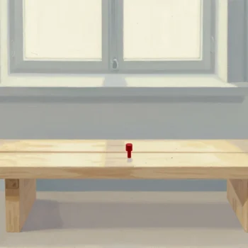 Gouache painting of a pale wooden bench in a bare room with a single vermilion peg set in the top