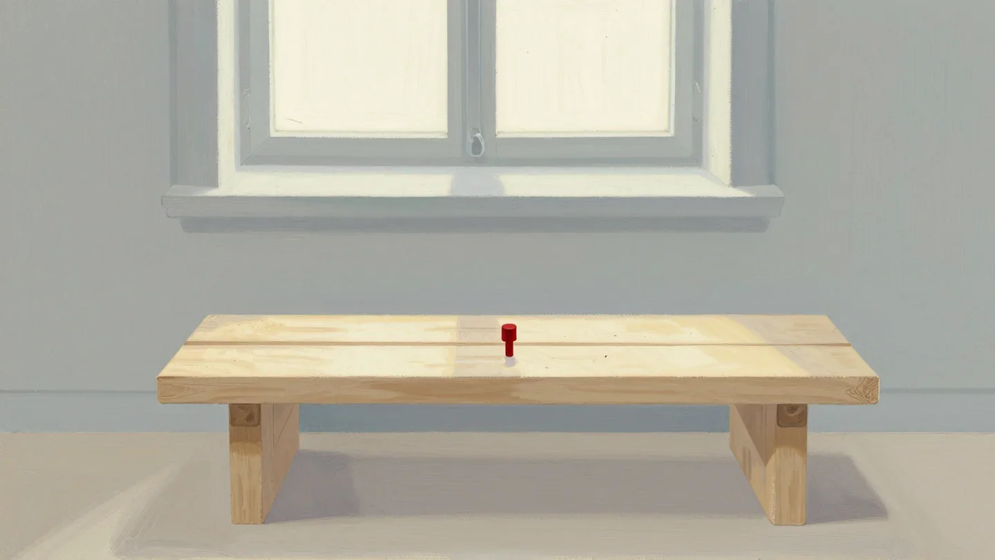 Gouache painting of a pale wooden bench in a bare room with a single vermilion peg set in the top