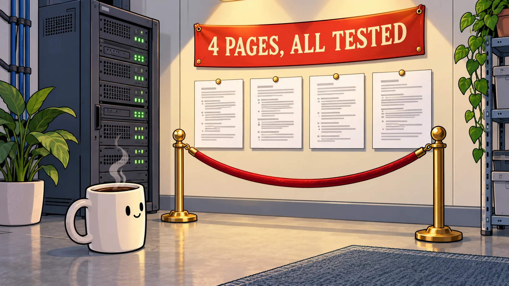 Cartoon: four crisp cheat sheet pages pinned to a wall beside a server rack, with a coffee mug kept politely behind a small velvet rope, under a banner that reads 4 PAGES, ALL TESTED.