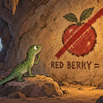 Cartoon: a cave wall painting of a red berry with a big angry line through it, the words RED BERRY = NO scratched underneath, and a small lizard reading it by torchlight.