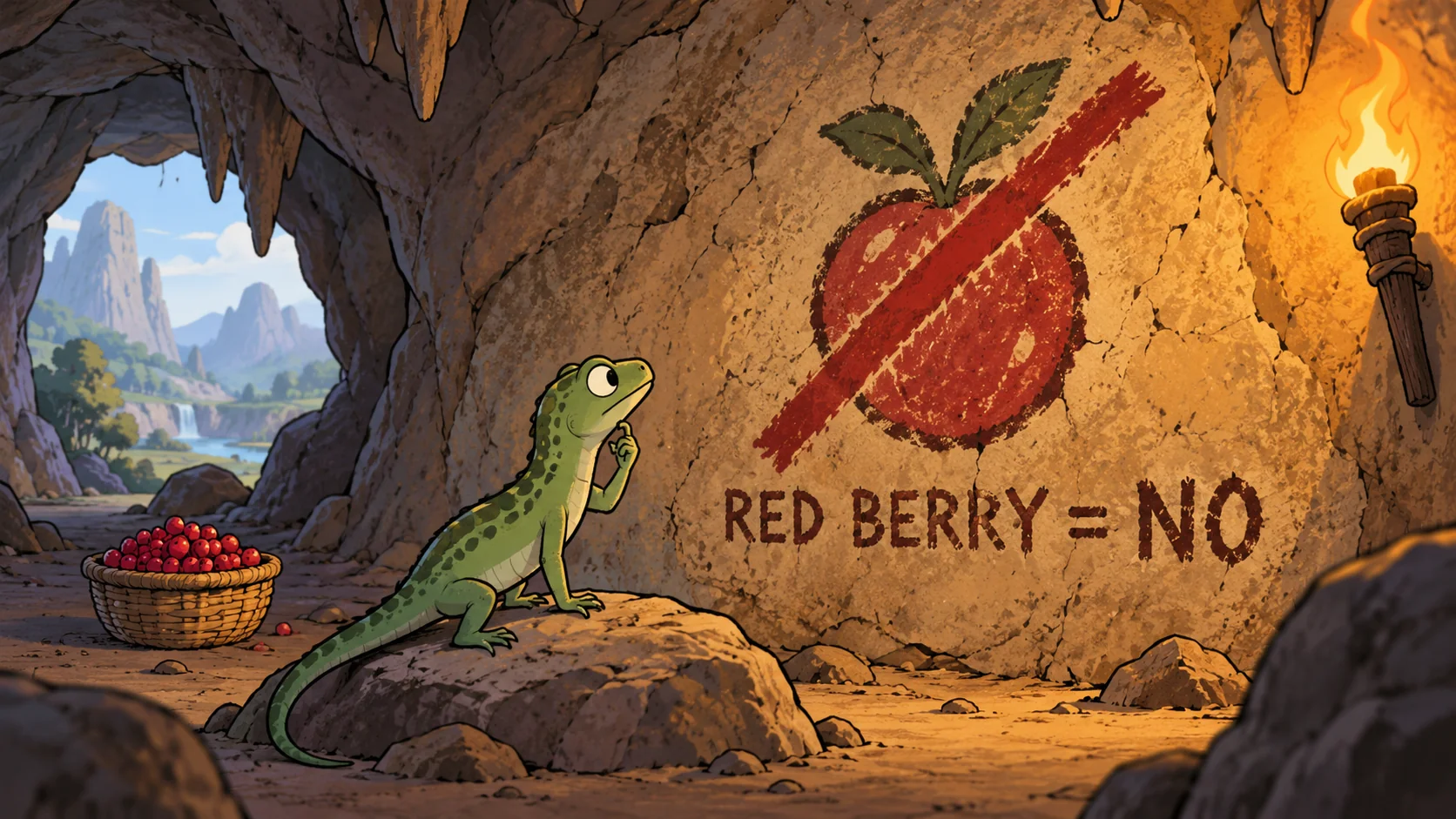 Cartoon: a cave wall painting of a red berry with a big angry line through it, the words RED BERRY = NO scratched underneath, and a small lizard reading it by torchlight.