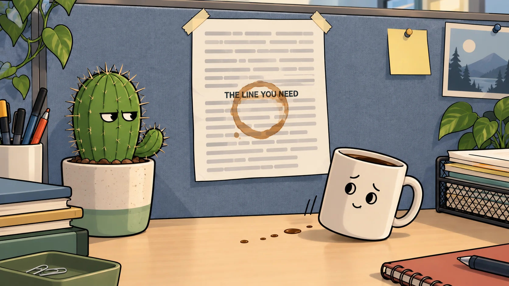 Cartoon: a guilty coffee mug slides away from a cheat sheet taped to an office wall, where a coffee ring has landed right on the only readable line, THE LINE YOU NEED.