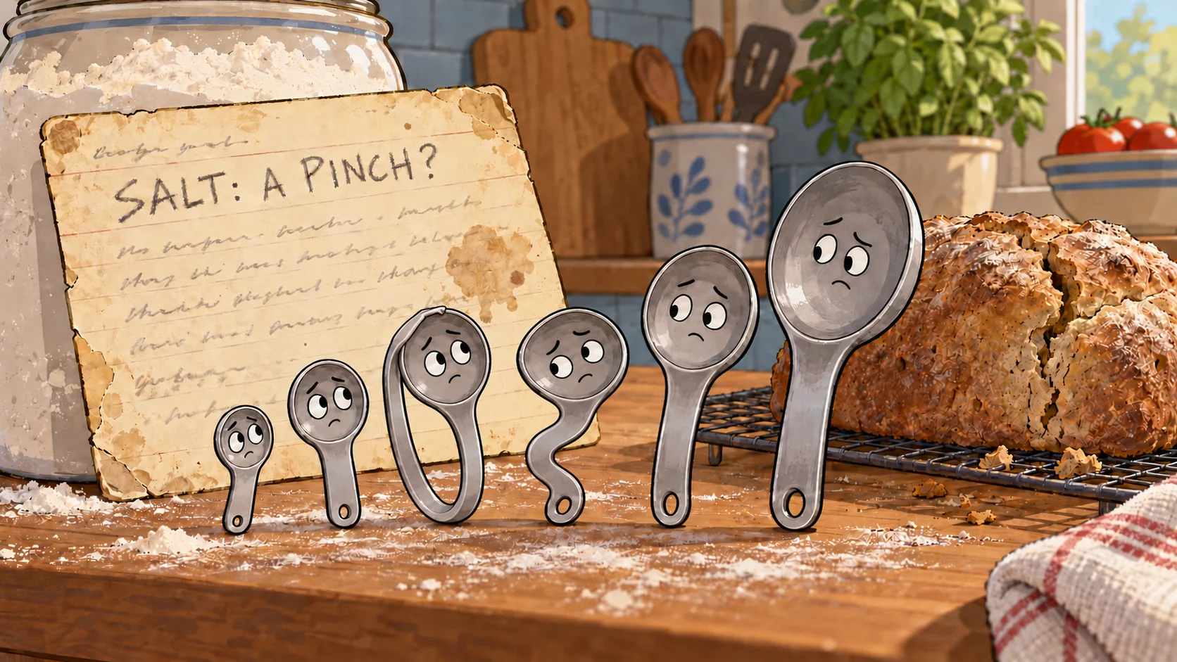 Cartoon: a stained recipe card on a floury kitchen counter reads SALT: A PINCH? while a row of measuring spoons with dot eyes look at each other in confusion.